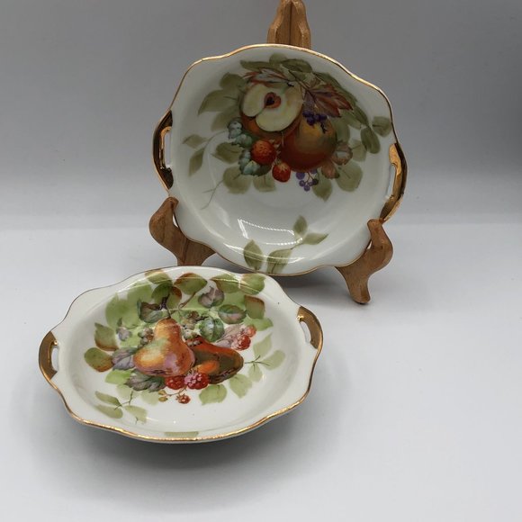 VTG GoldCastle Candy Dish/ Handles Apples Strawberries /Pear Japan Gold Set of 2 - Picture 2 of 10